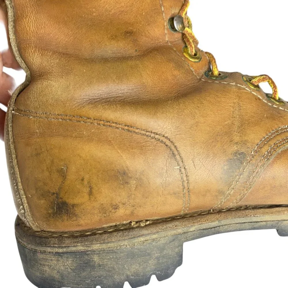 Vintage Herman Leather Work Boots Brown Lace-Up Men‎ Vibram Lug Sole 7-7.5 USA